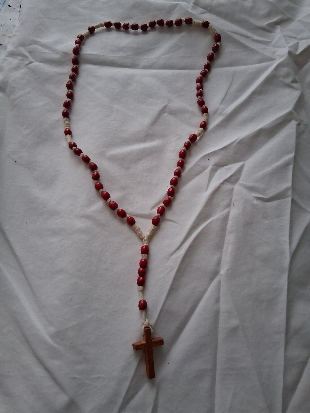 Red Beaded Rosary Necklace with Wooden Cross - Unbranded